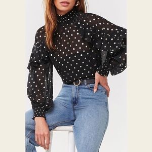 Forever 21 Black and Gold Metallic Ruffle Polka Dot Top in Size S